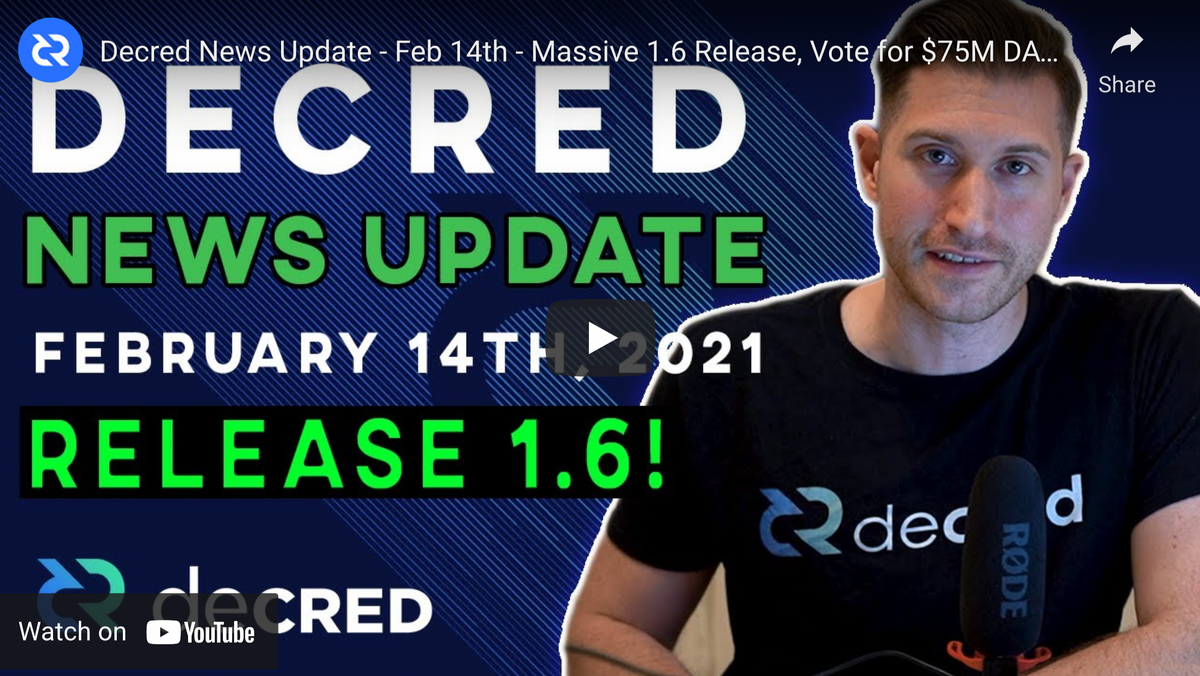 Decred News Update - Feb 14th - Massive 1.6 Release, Vote for $75M DAO, LN, Privacy, & More!